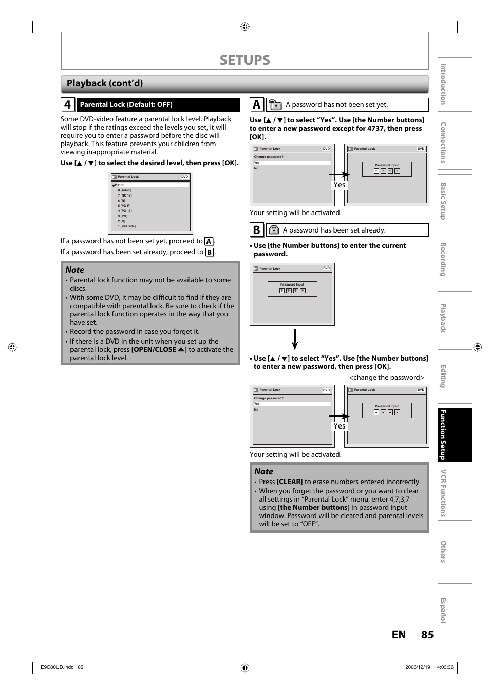 Setups, 85 en 85 en, Playback (cont’d) | Philips Magnavox ZV450MWB User Manual | Page 85 / 102