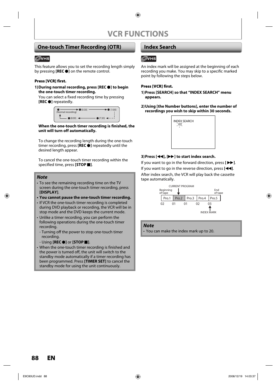 Vcr functions, 88 en 88 en, One-touch timer recording (otr) index search | Philips Magnavox ZV450MWB User Manual | Page 88 / 102