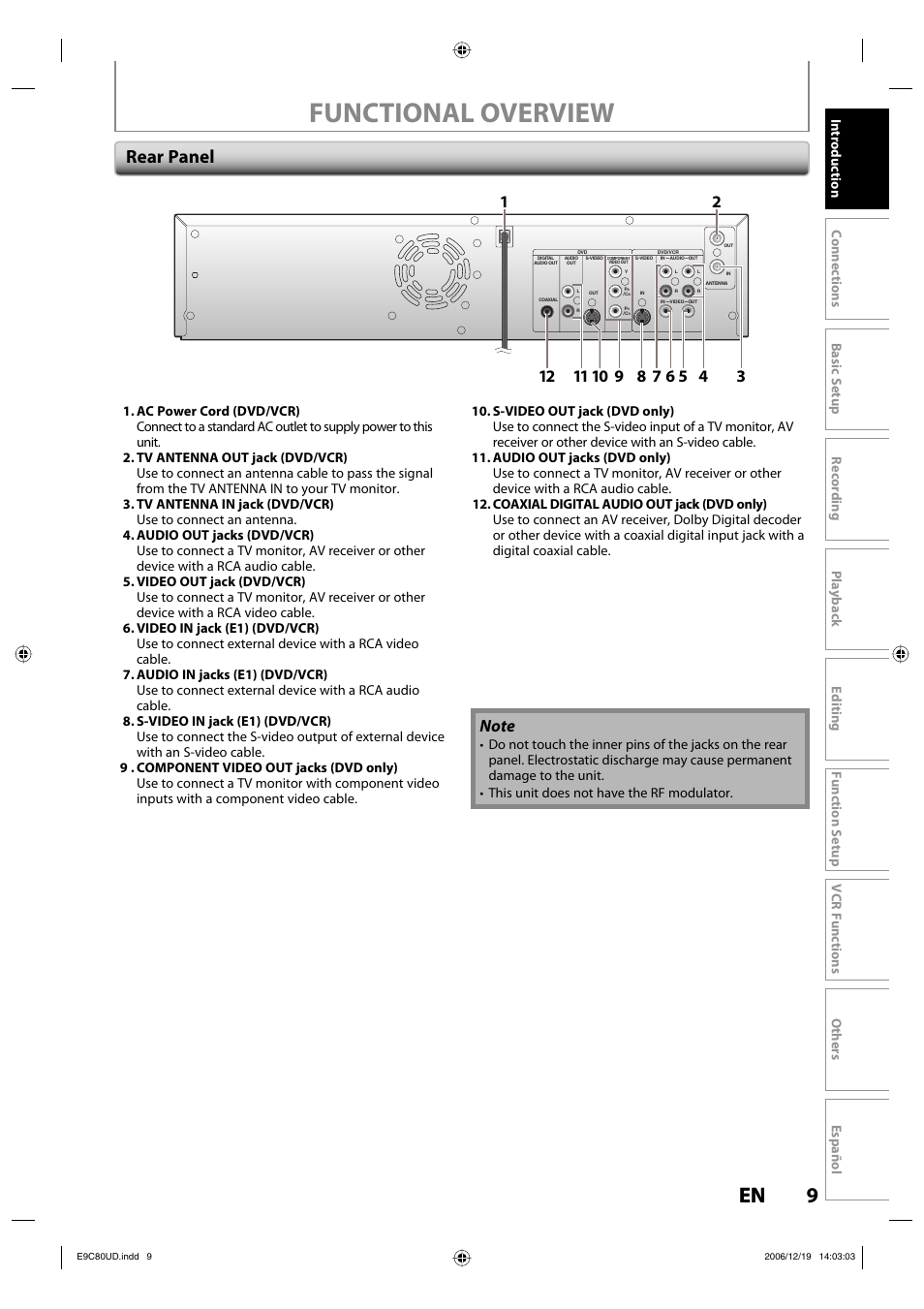 Functional overview, 9en 9 en, Rear panel | Philips Magnavox ZV450MWB User Manual | Page 9 / 102