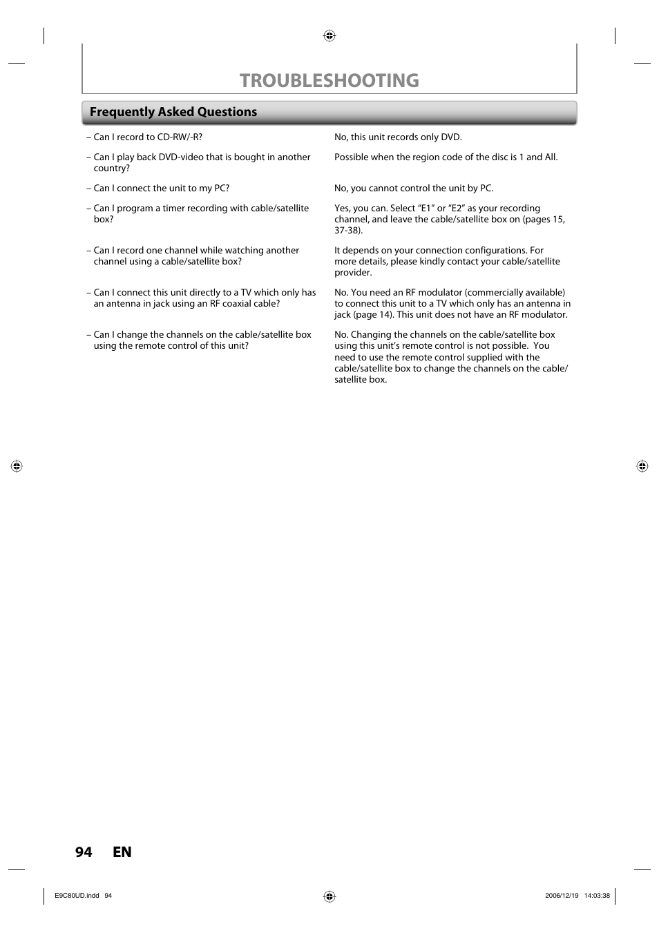 Troubleshooting, 94 en 94 en, Frequently asked questions | Philips Magnavox ZV450MWB User Manual | Page 94 / 102