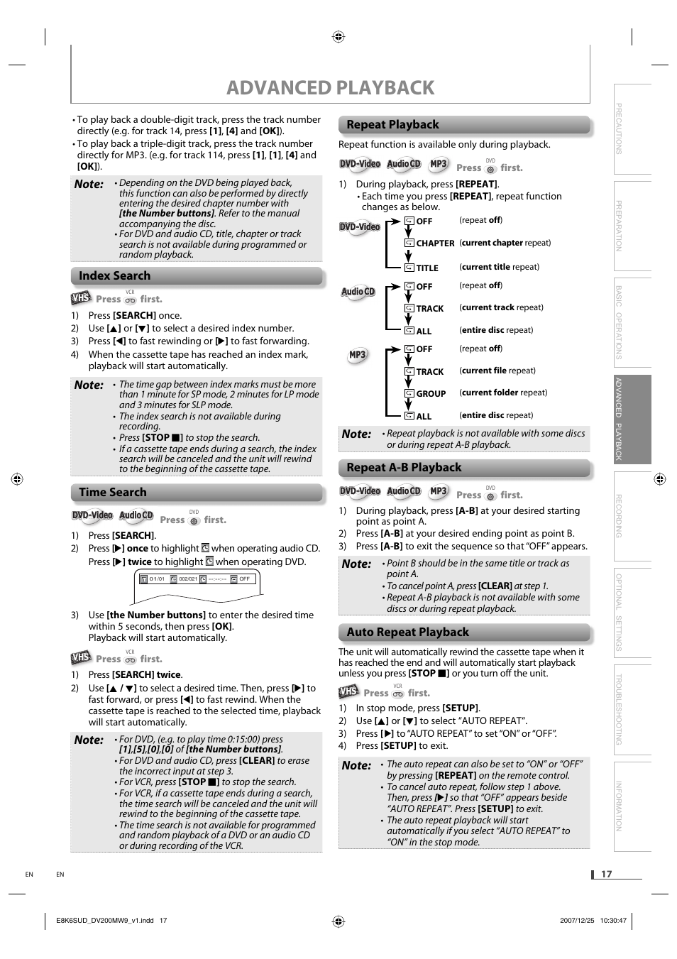 Advanced playback, Index search, Time search | Repeat playback, Repeat a-b playback, Auto repeat playback | Philips Magnavox DV220MW9 User Manual | Page 17 / 28