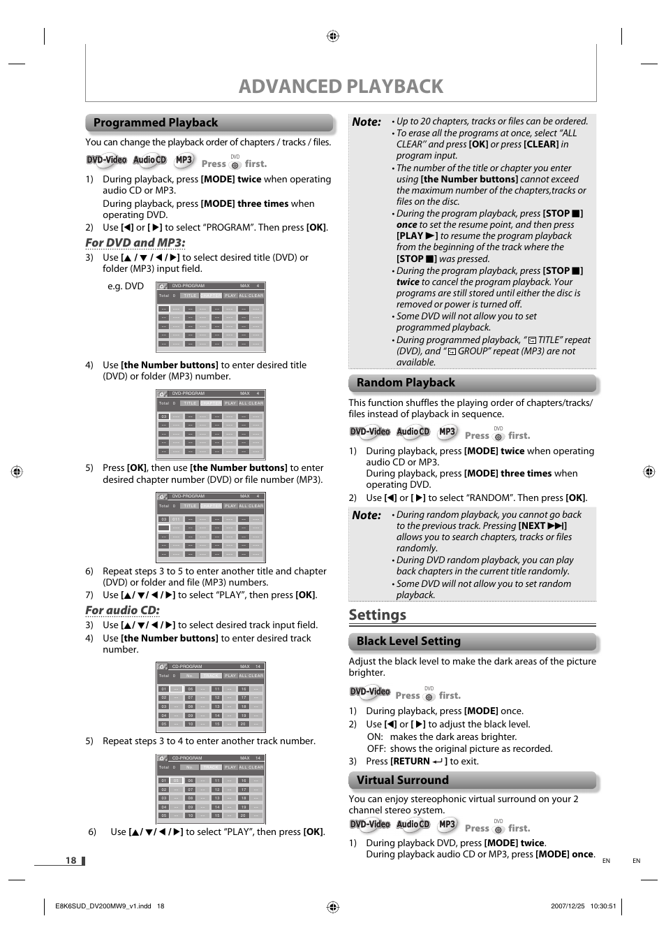 Advanced playback, Settings, Random playback | Black level setting, Virtual surround, Programmed playback, For dvd and mp3, For audio cd, Press, Dvd-video | Philips Magnavox DV220MW9 User Manual | Page 18 / 28