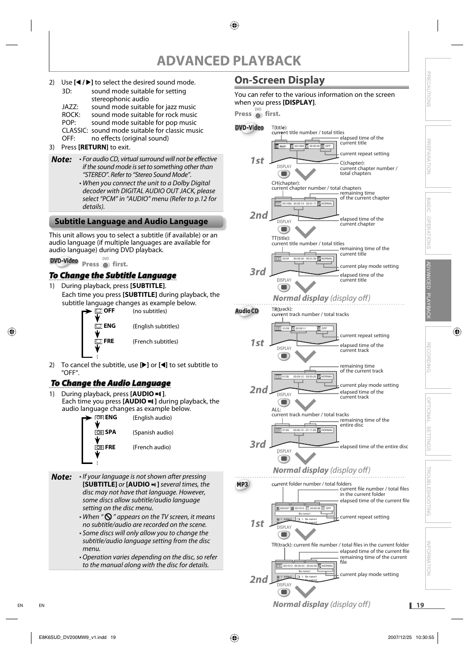 Advanced playback, On-screen display, 1st 2nd 3rd | Normal display (display off), Subtitle language and audio language | Philips Magnavox DV220MW9 User Manual | Page 19 / 28