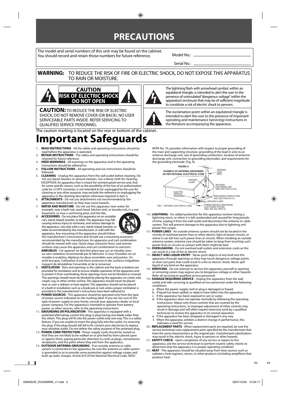 Important safeguards, Precautions, Caution | Caution risk of electric shock do not open, Warning | Philips Magnavox DV220MW9 User Manual | Page 2 / 28