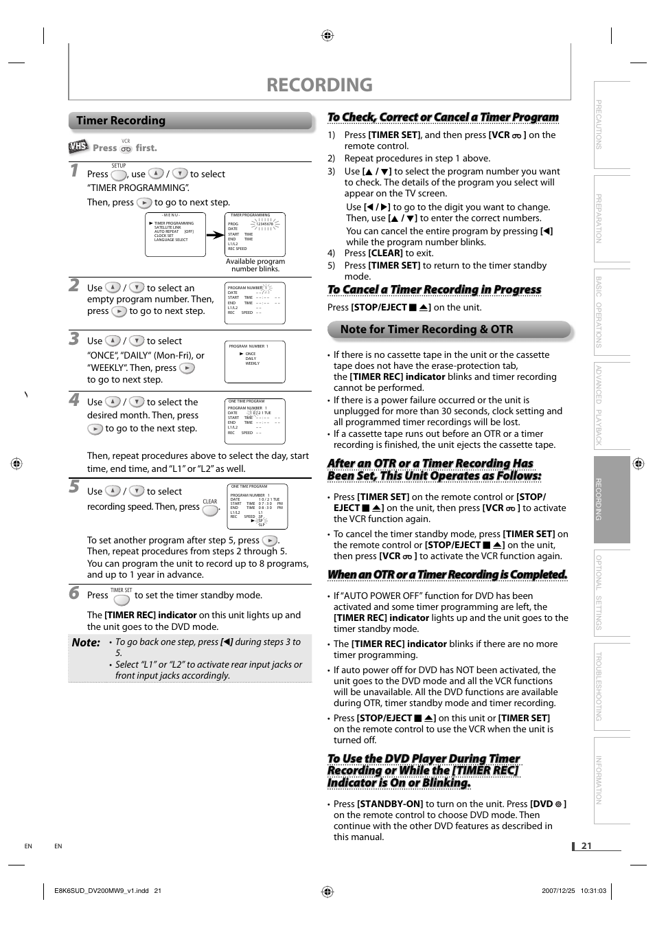 Recording, Timer recording, When an otr or a timer recording is completed | Philips Magnavox DV220MW9 User Manual | Page 21 / 28