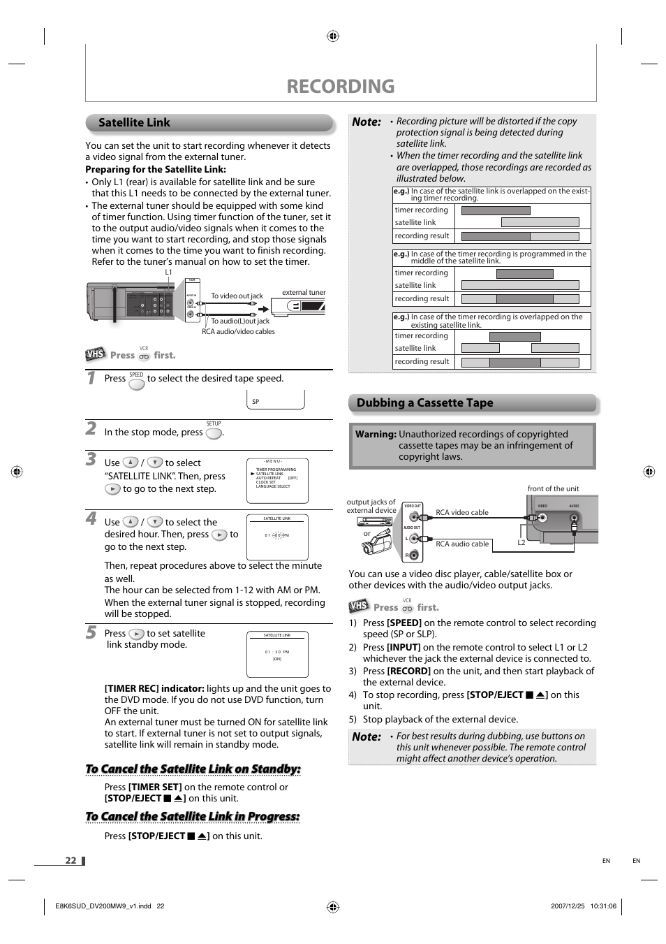 Recording, Satellite link, Dubbing a cassette tape | Philips Magnavox DV220MW9 User Manual | Page 22 / 28