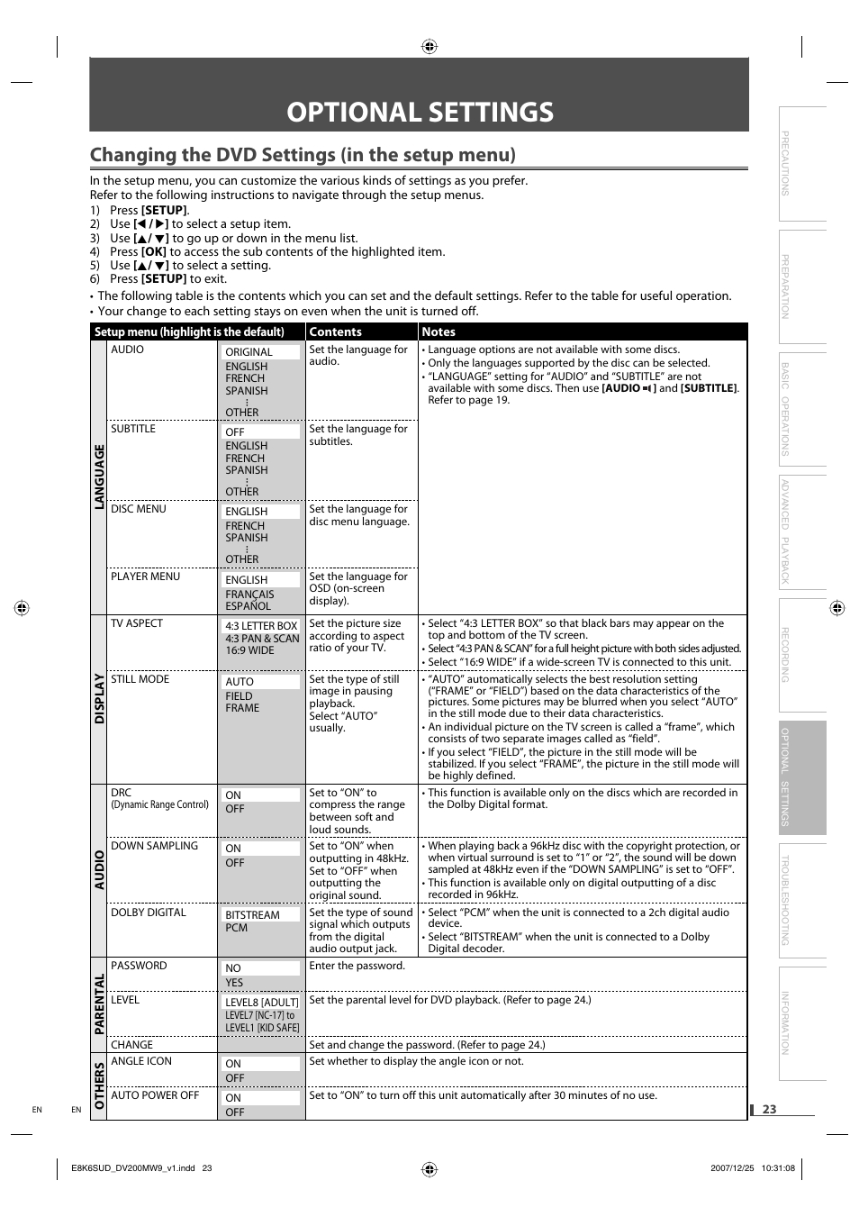 Optional settings, Changing the dvd settings (in the setup menu) | Philips Magnavox DV220MW9 User Manual | Page 23 / 28