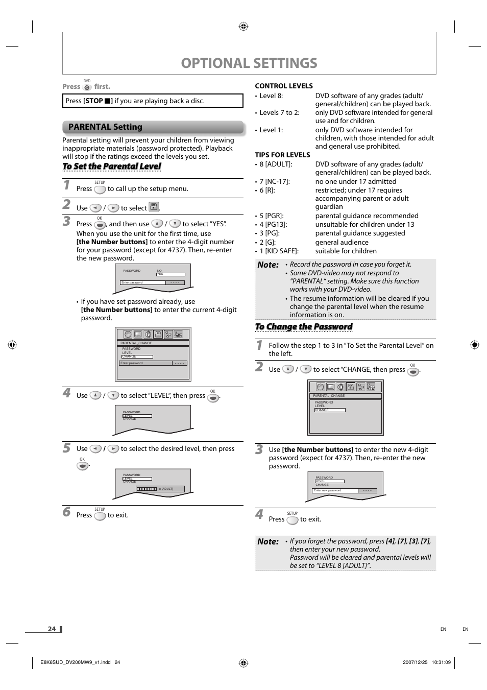 Optional settings, Parental setting | Philips Magnavox DV220MW9 User Manual | Page 24 / 28