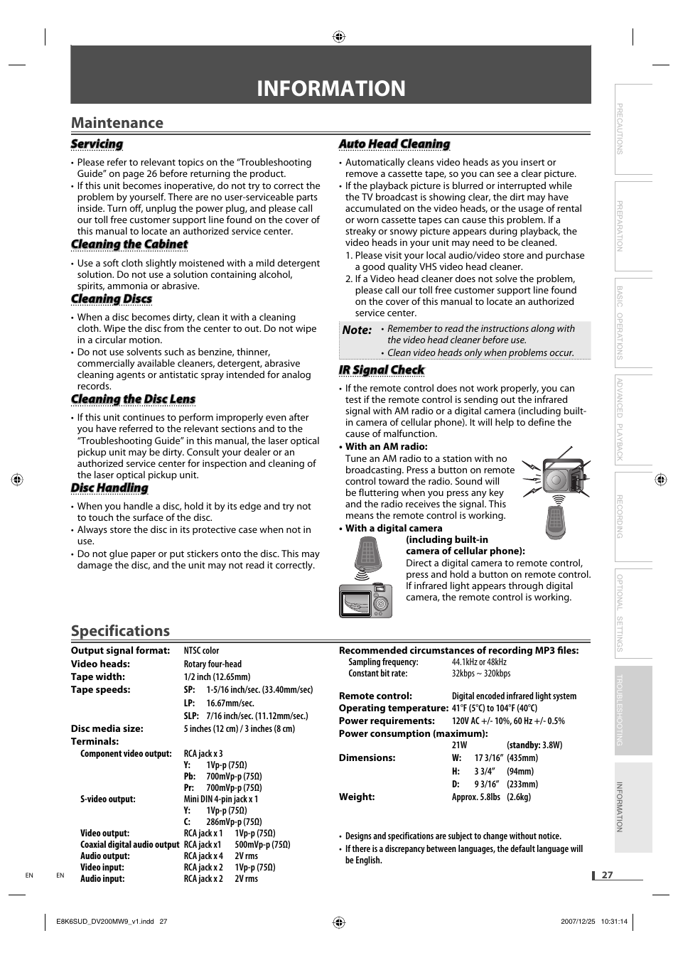 Information, Specifications, Maintenance | Philips Magnavox DV220MW9 User Manual | Page 27 / 28