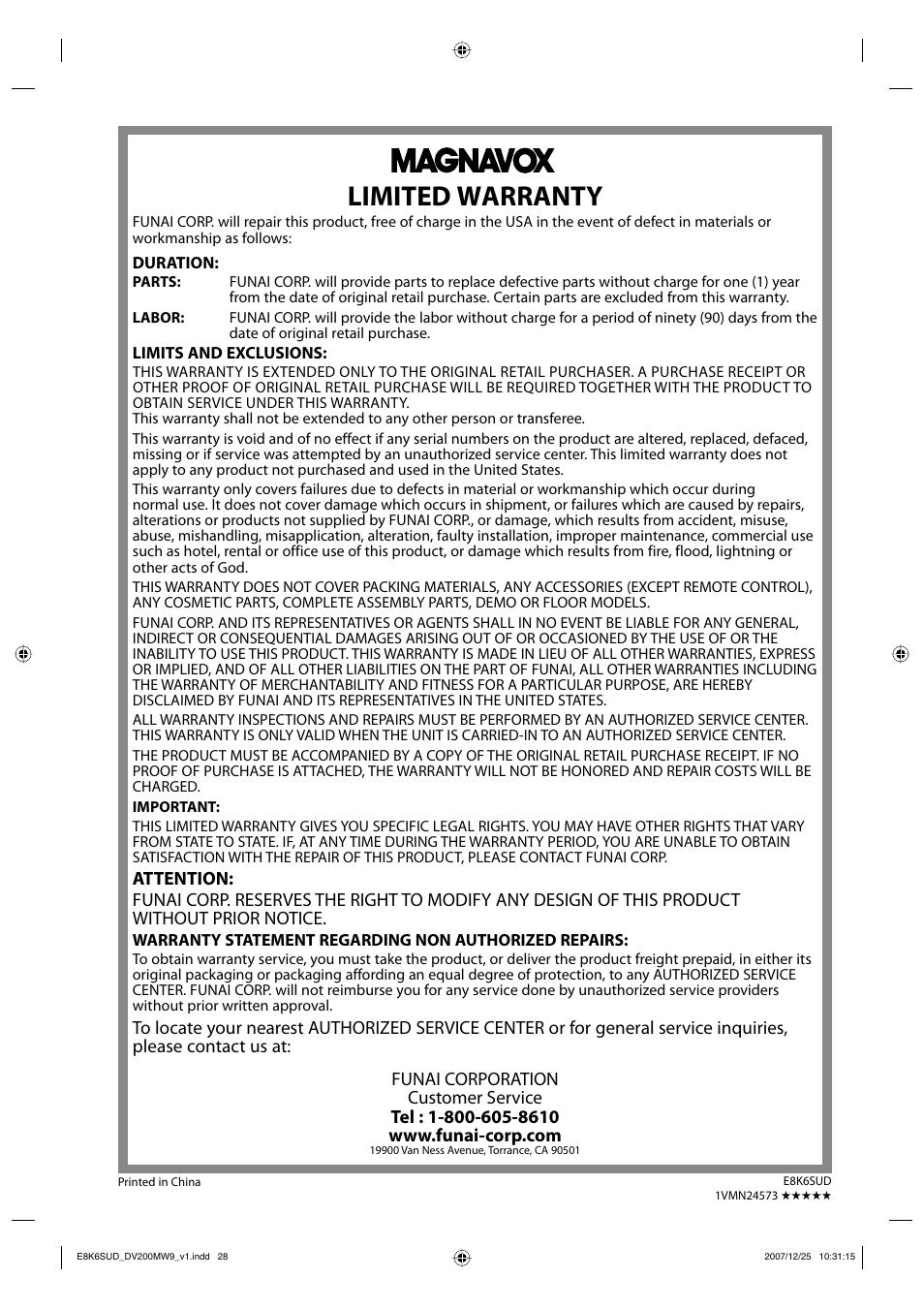 Limited warranty | Philips Magnavox DV220MW9 User Manual | Page 28 / 28