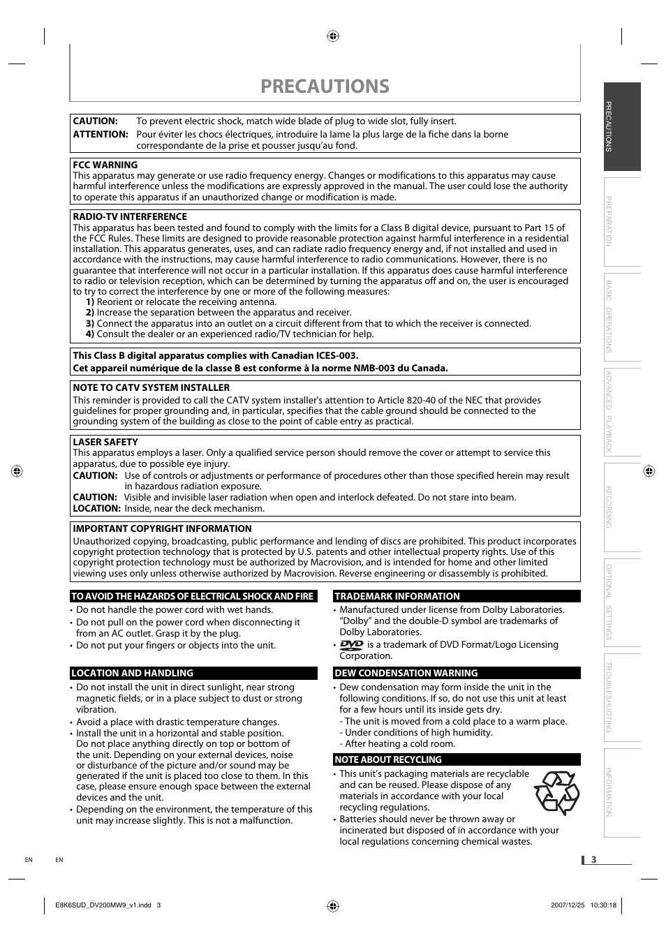 Precautions | Philips Magnavox DV220MW9 User Manual | Page 3 / 28