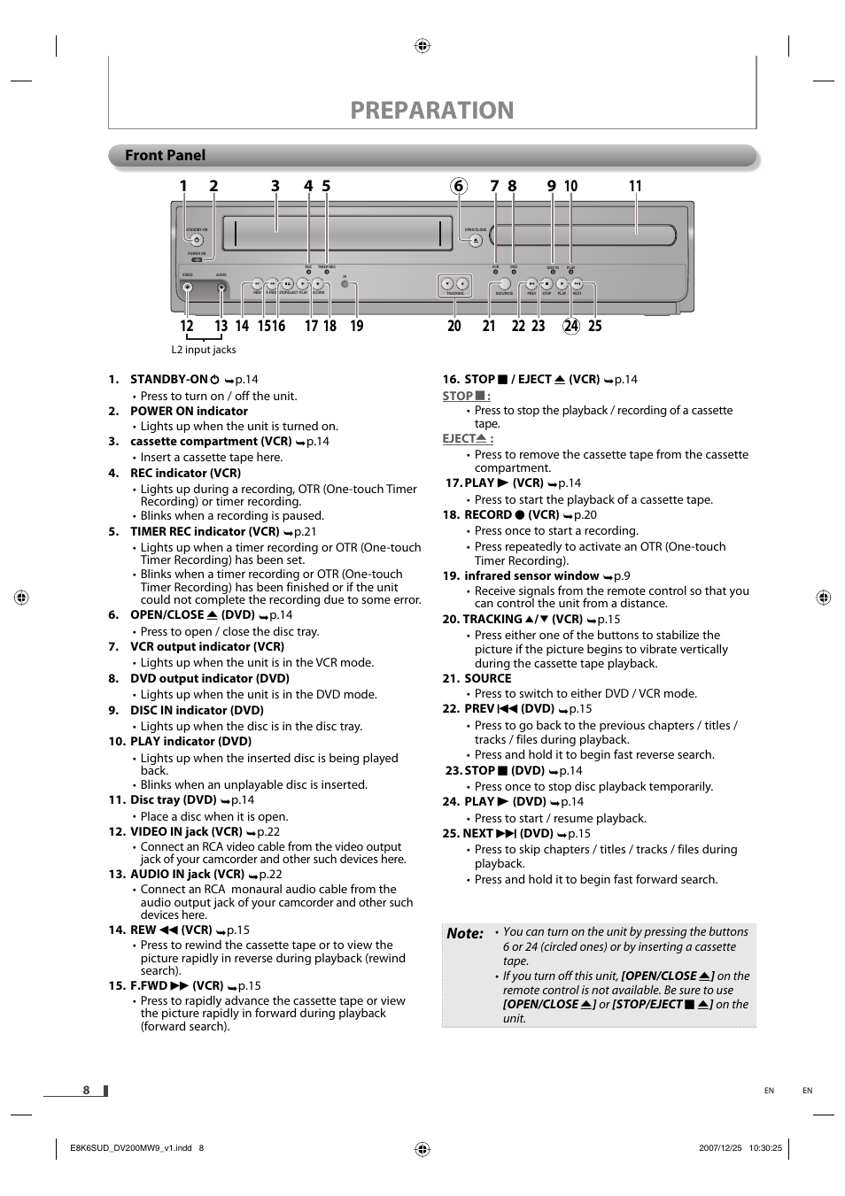 Preparation, Front panel | Philips Magnavox DV220MW9 User Manual | Page 8 / 28