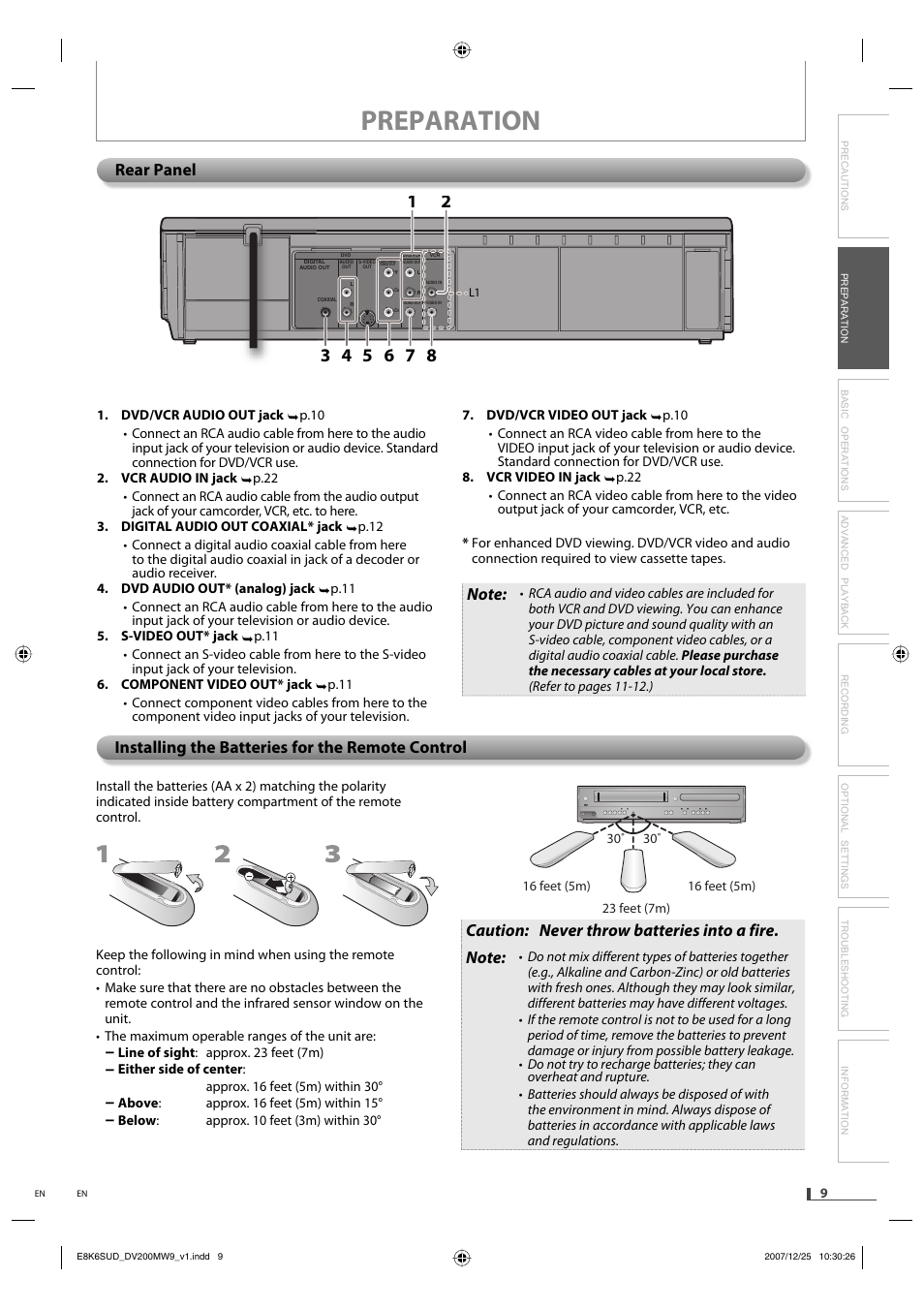 Preparation, Rear panel, Installing the batteries for the remote control | Philips Magnavox DV220MW9 User Manual | Page 9 / 28