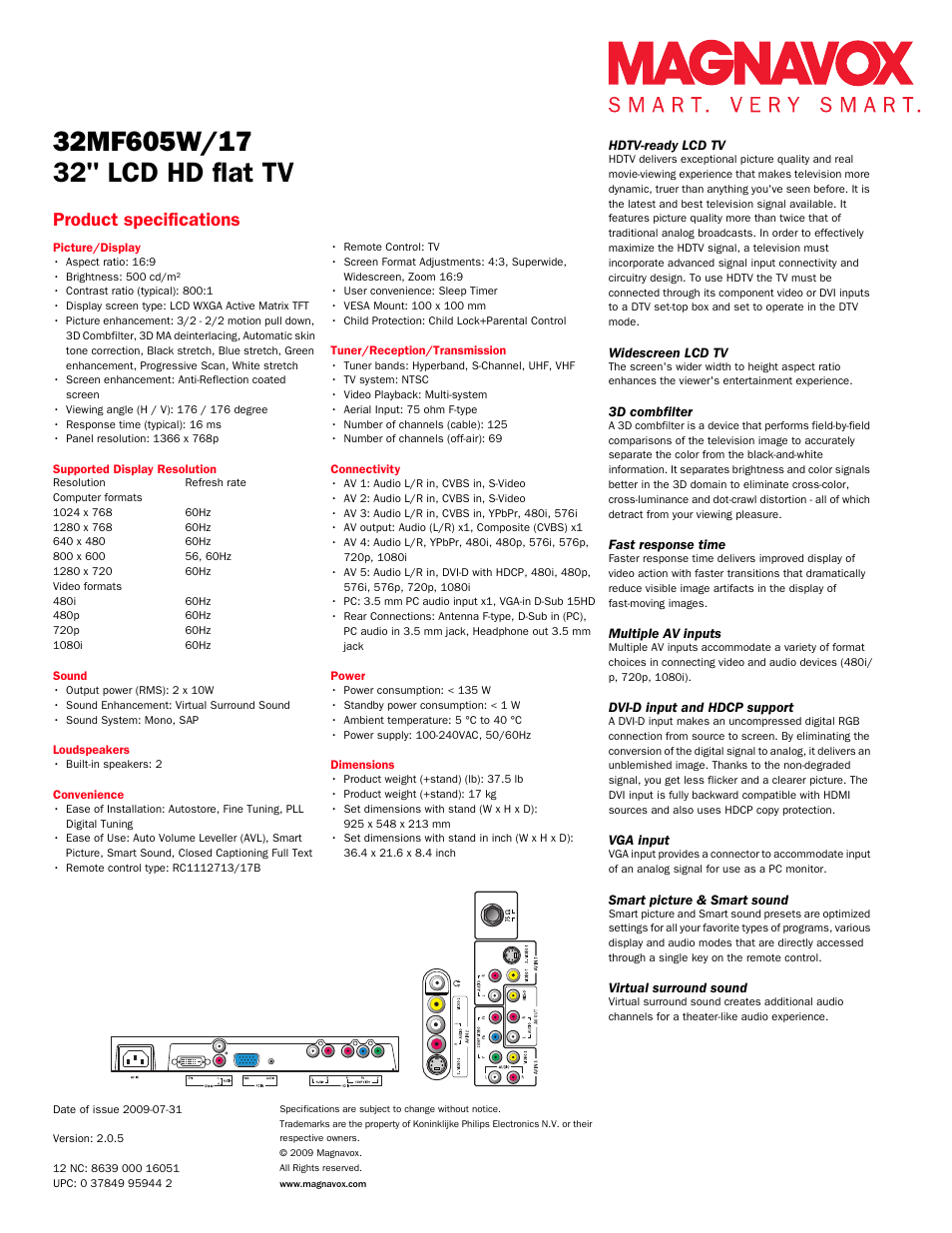 32" lcd hd flat tv, Product specifications | Philips Magnavox 32MF605W User Manual | Page 2 / 3