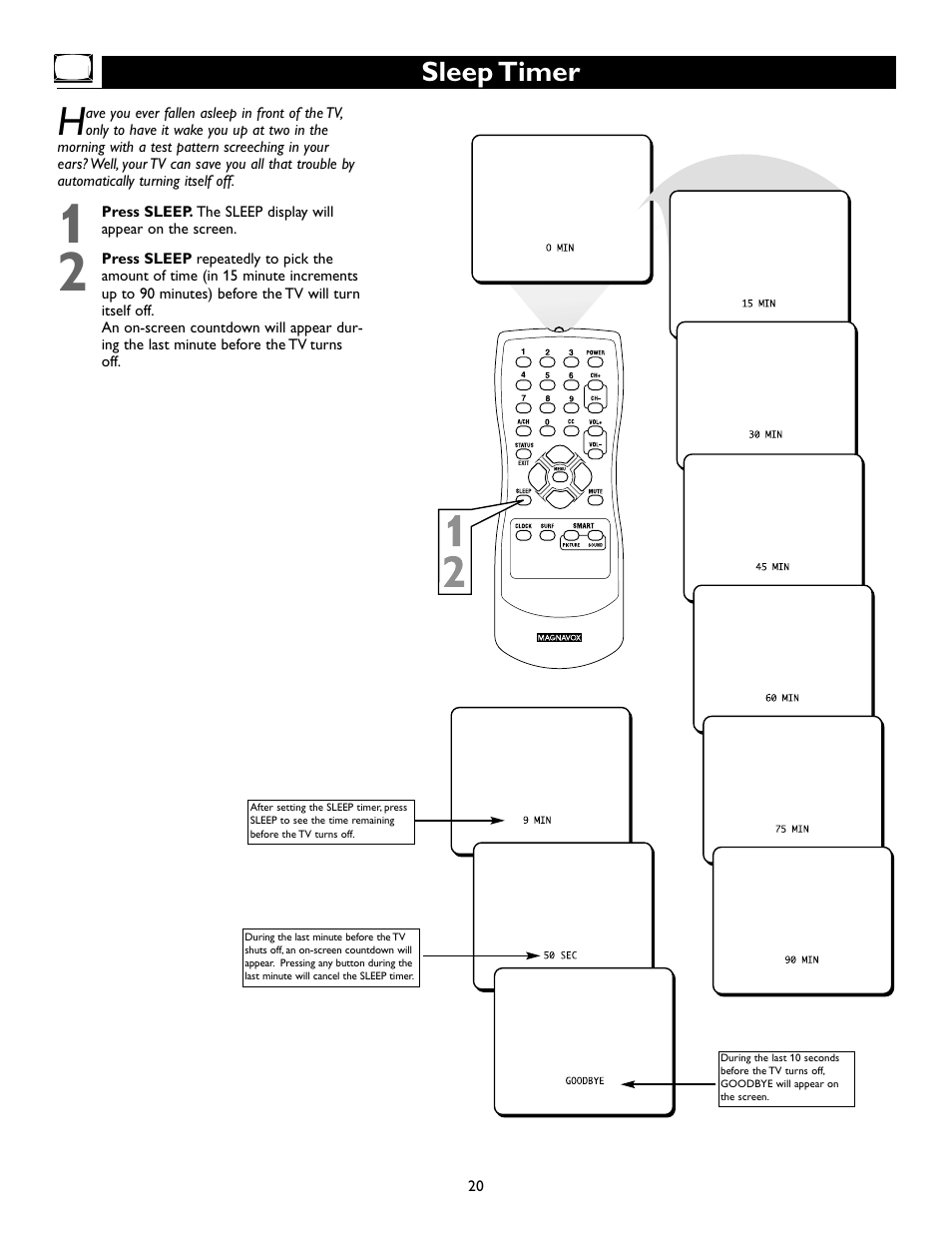 Sleep timer | Philips Magnavox 13MT143S User Manual | Page 20 / 35