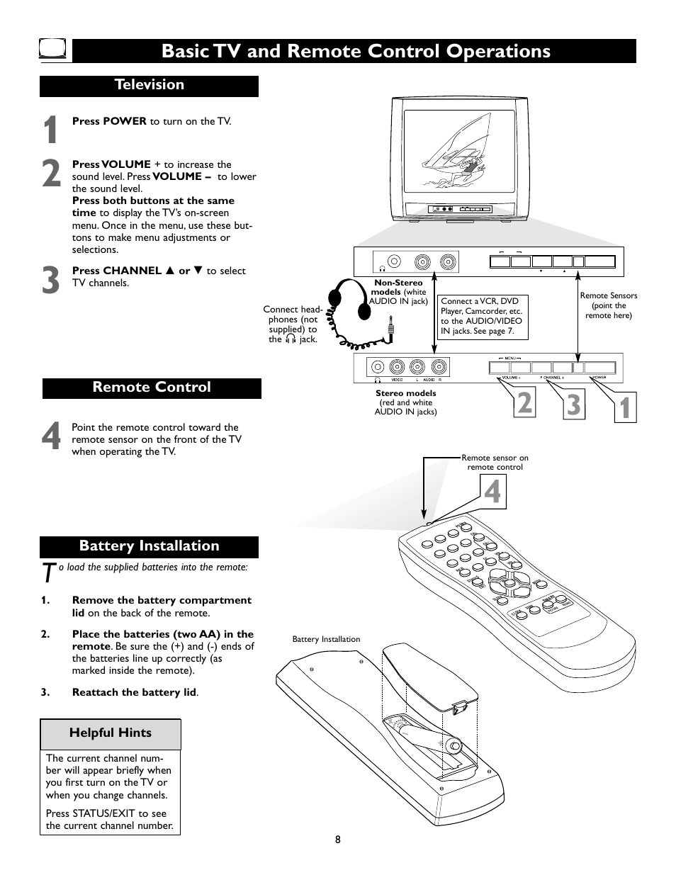 Basic tv and remote control operations, Television, Battery installation remote control | Helpful hints | Philips Magnavox 13MT143S User Manual | Page 8 / 35