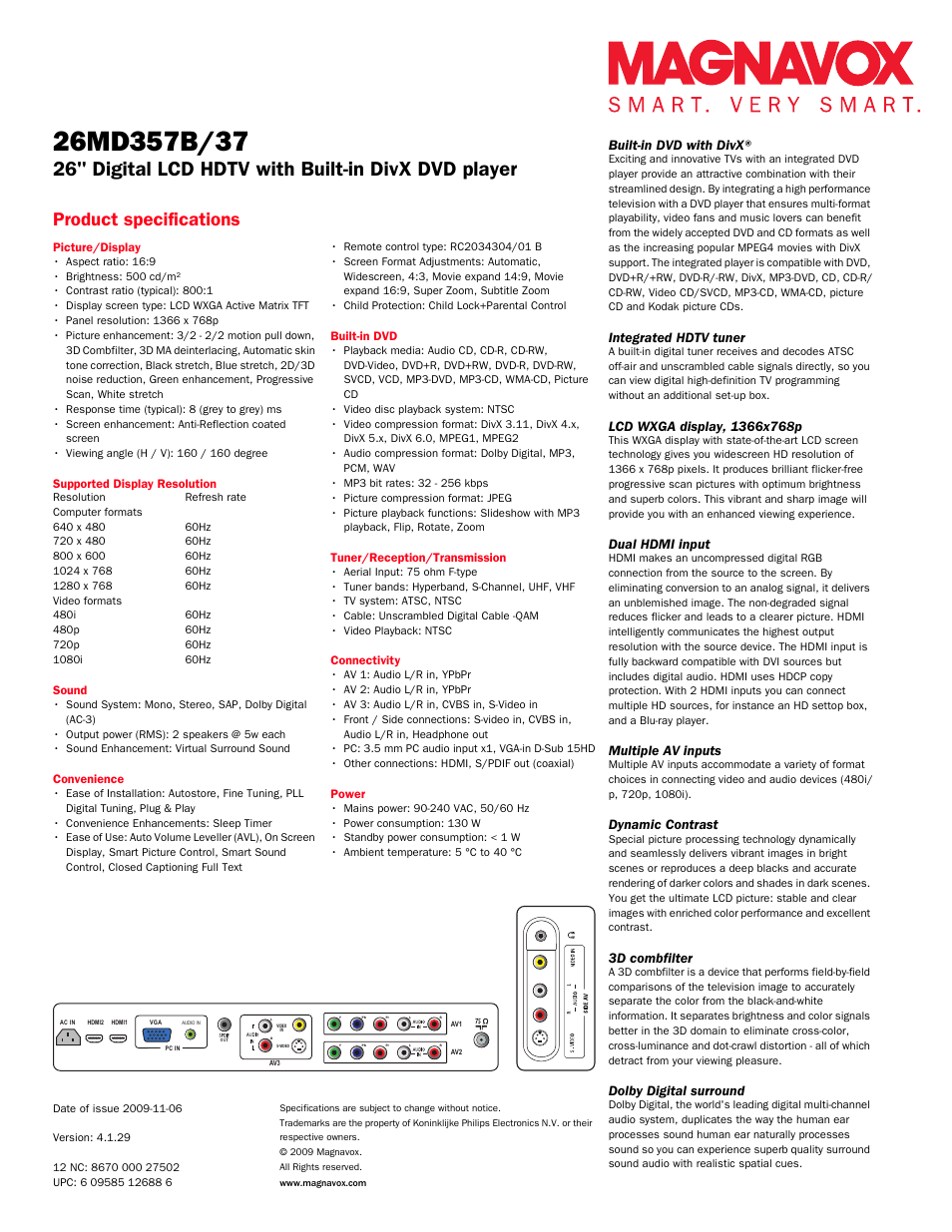 26" digital lcd hdtv with built-in divx dvd player, Product specifications, Built-in dvd with divx | Integrated hdtv tuner, Dual hdmi input, Multiple av inputs, Dynamic contrast, 3d combfilter, Dolby digital surround | Philips Magnavox 26" Digital LCD HDTV With Built-in DivX DVD Player 26MD357B User Manual | Page 2 / 3
