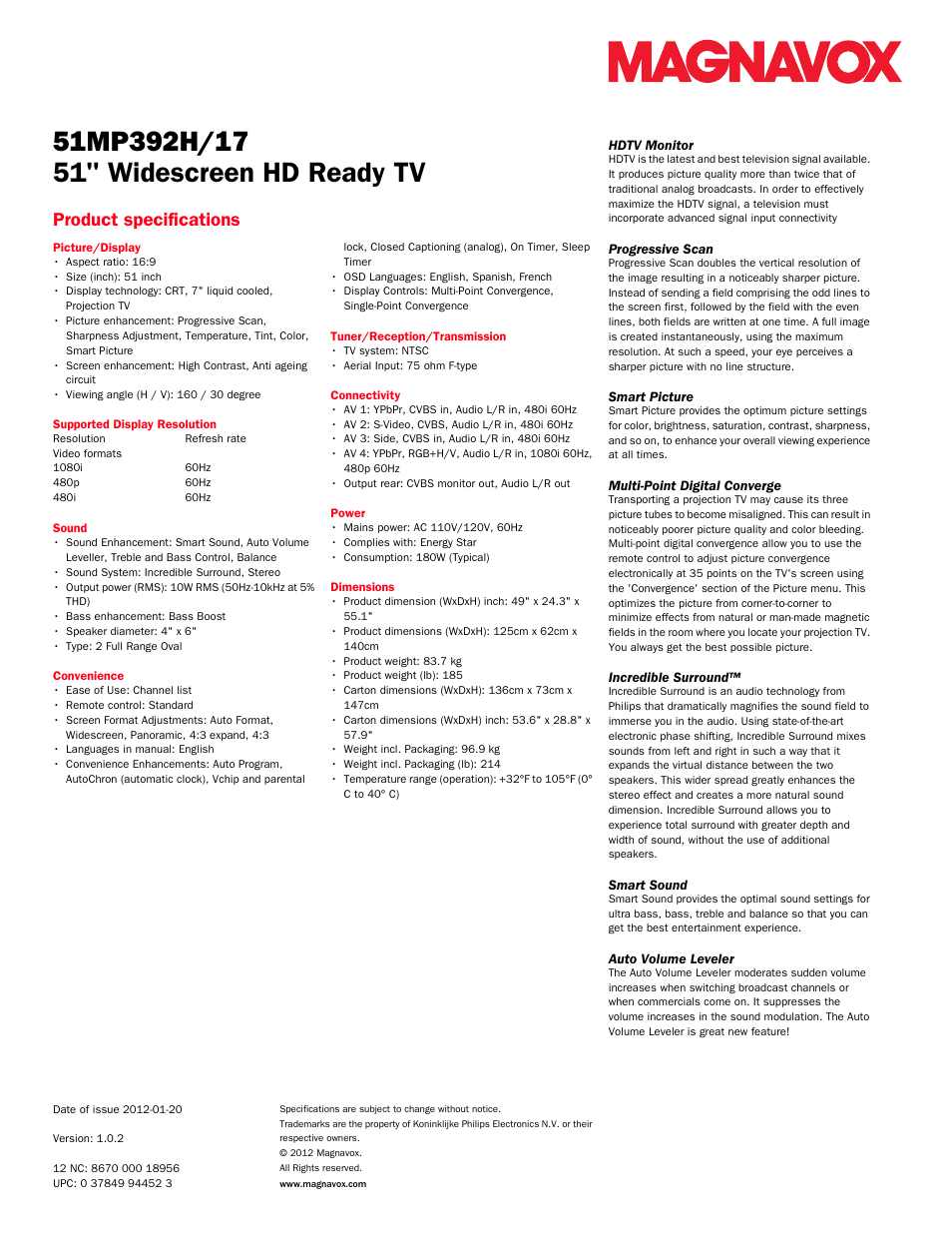 51" widescreen hd ready tv, Product specifications | Philips Magnavox 51" Widescreen HD Ready TV 51MP392H User Manual | Page 2 / 2