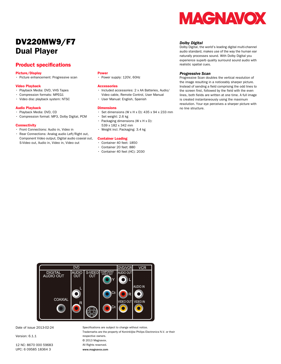Dual player, Product specifications | Philips Magnavox Dvd/ Vcr Player DV220MW9 User Manual | Page 2 / 2
