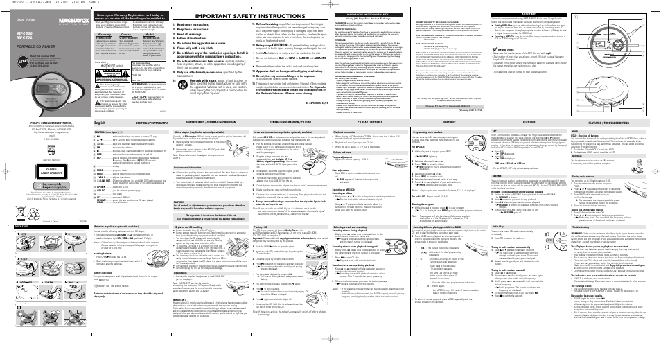 Philips Magnavox MPC500 User Manual | 2 pages