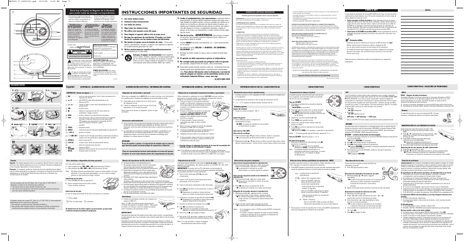 Instrucciones importantes de seguridad, Seguridad, Advertencia | Español | Philips Magnavox MPC500 User Manual | Page 2 / 2