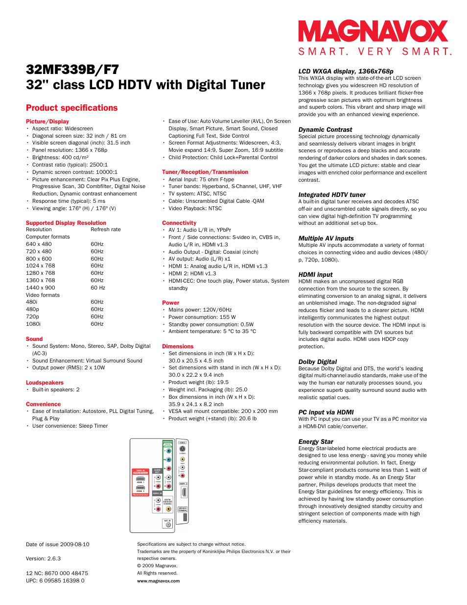 32" class lcd hdtv with digital tuner, Product specifications | Philips Magnavox 32MF339B/F7 User Manual | Page 2 / 3