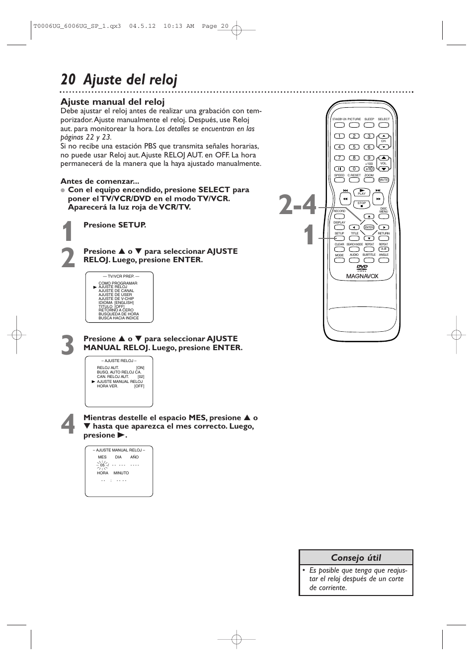 20 ajuste del reloj, Consejo útil ajuste manual del reloj | Philips Magnavox 27MDTR20s User Manual | Page 100 / 159