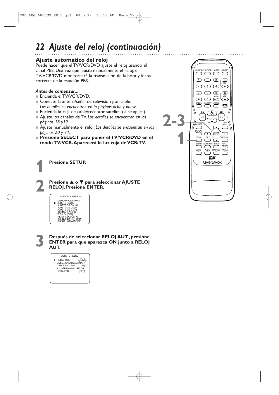 22 ajuste del reloj (continuación), Ajuste automático del reloj | Philips Magnavox 27MDTR20s User Manual | Page 102 / 159