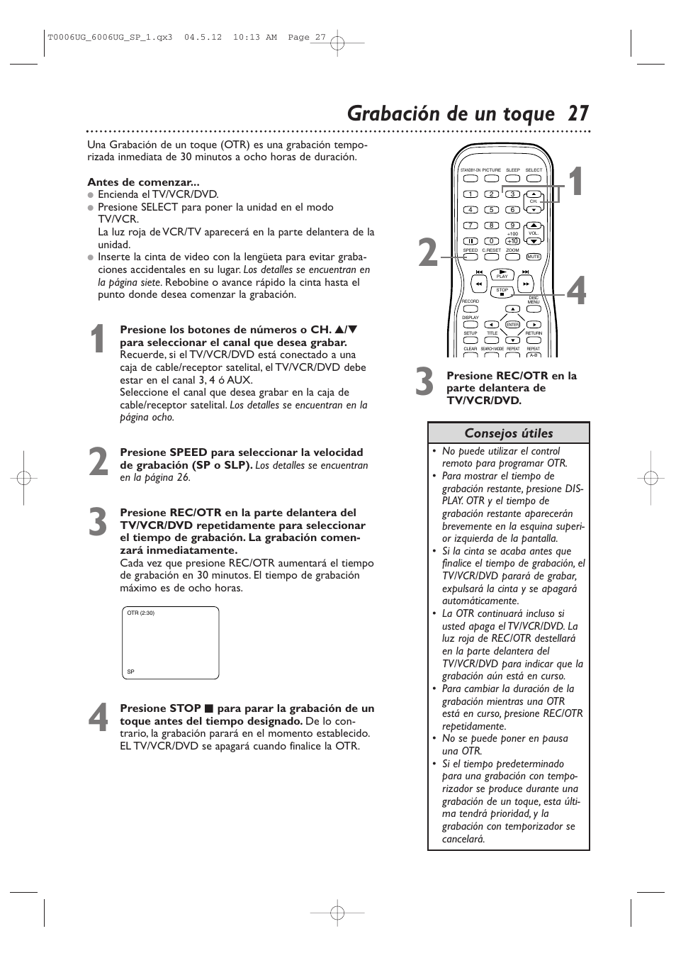 Grabación de un toque 27 | Philips Magnavox 27MDTR20s User Manual | Page 107 / 159