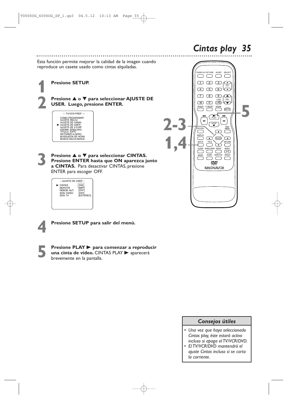 Cintas play 35, Consejos útiles | Philips Magnavox 27MDTR20s User Manual | Page 115 / 159