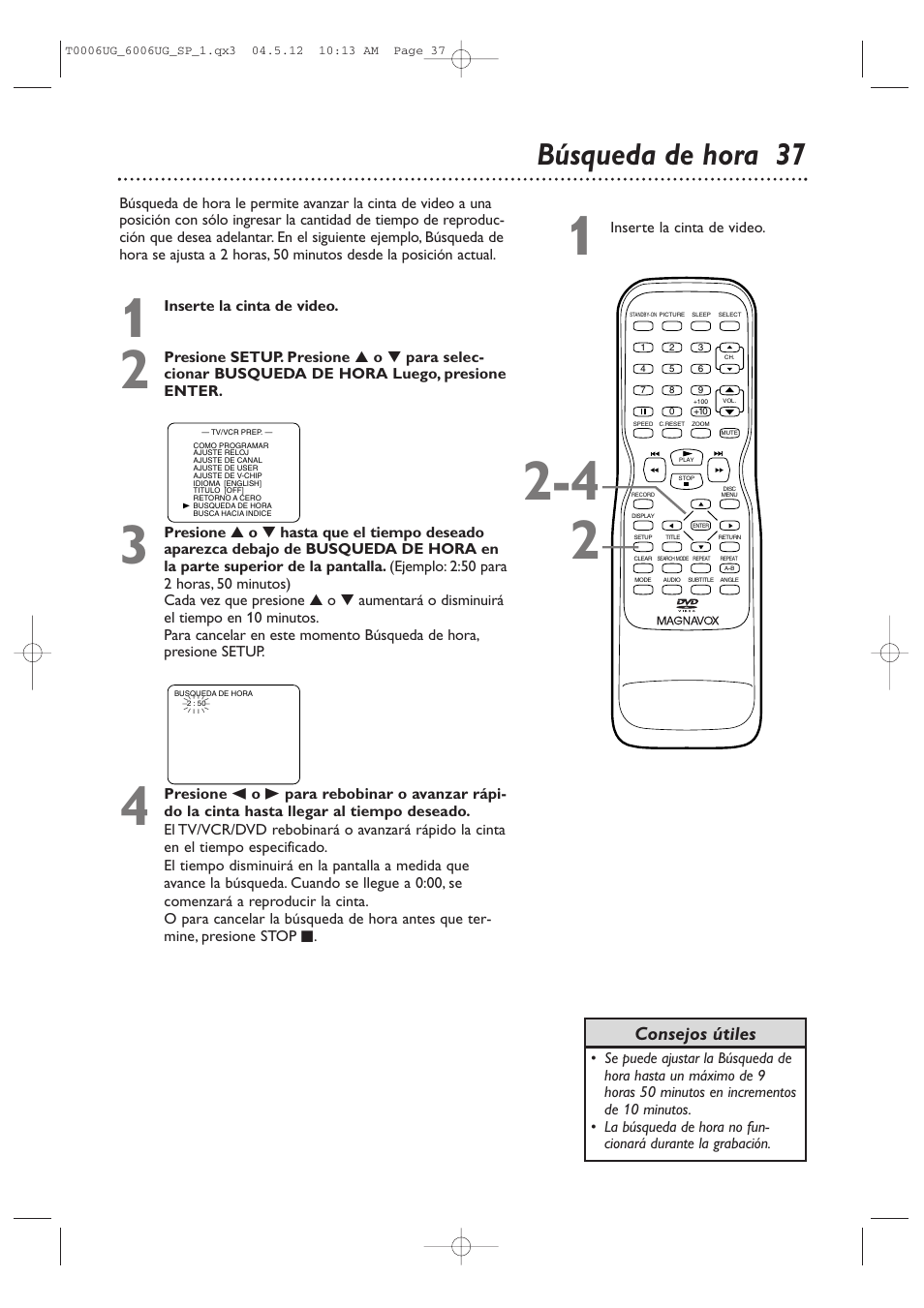 Búsqueda de hora 37, Consejos útiles | Philips Magnavox 27MDTR20s User Manual | Page 117 / 159