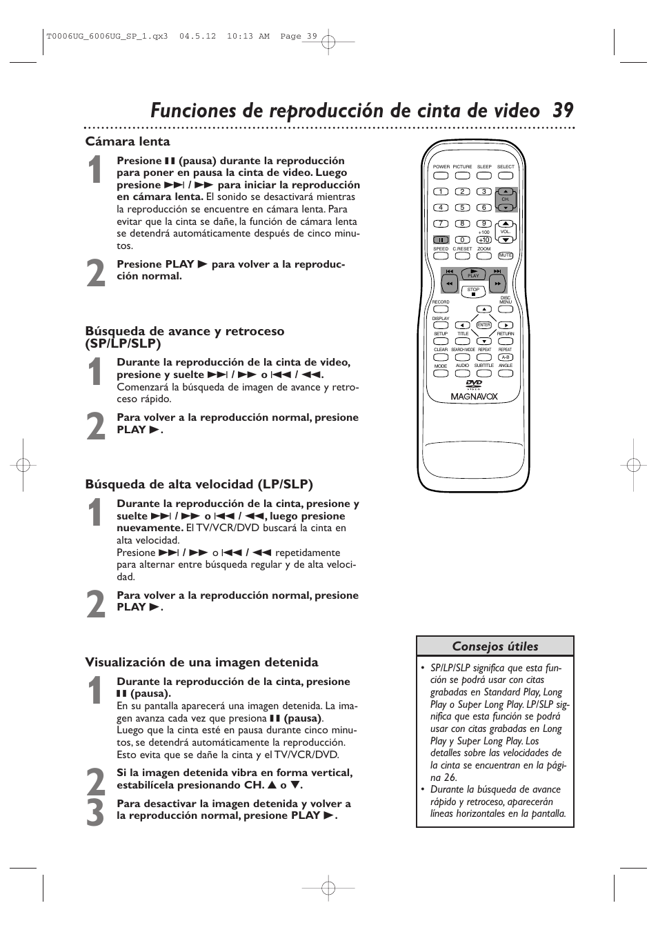 Funciones de reproducción de cinta de video 39 | Philips Magnavox 27MDTR20s User Manual | Page 119 / 159