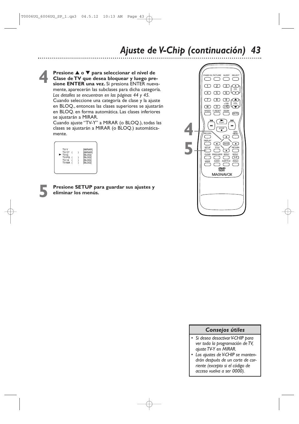 Ajuste de v-chip (continuación) 43, Consejos útiles | Philips Magnavox 27MDTR20s User Manual | Page 123 / 159