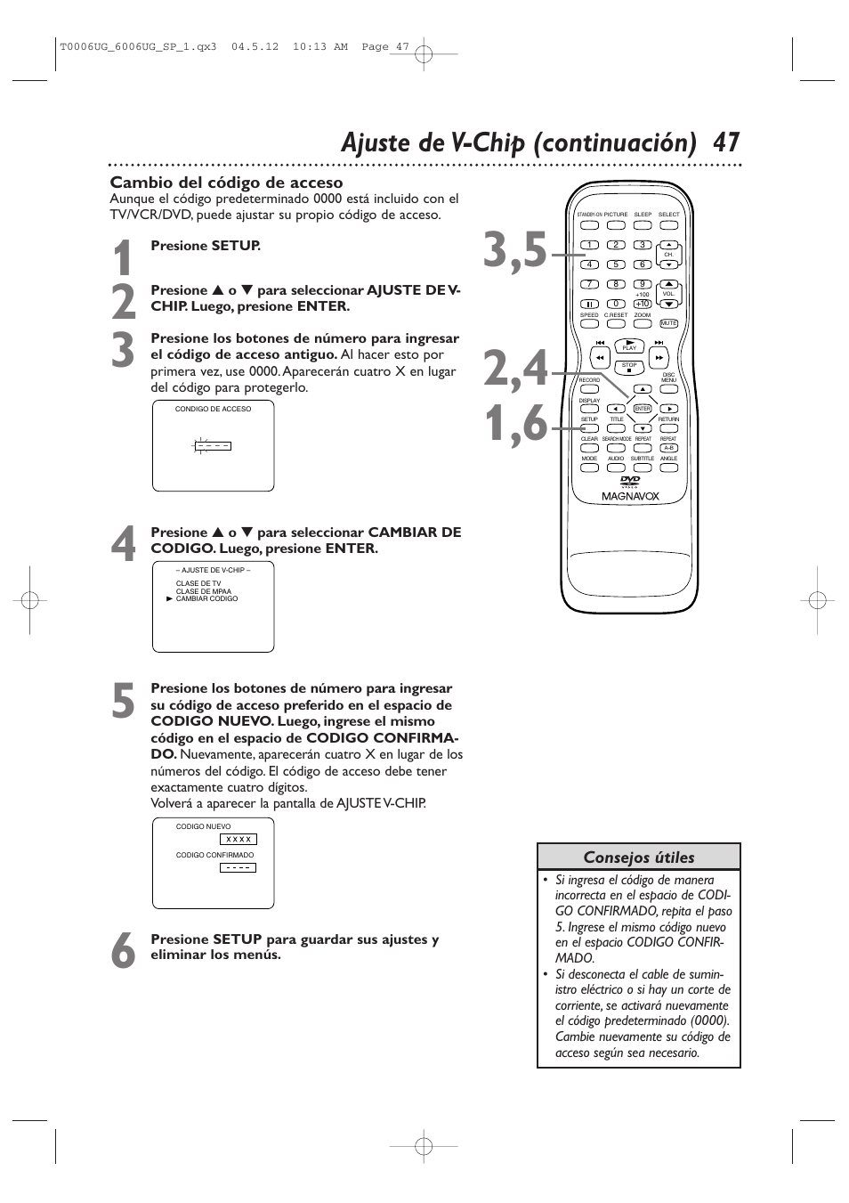 Ajuste de v-chip (continuación) 47, Consejos útiles, Cambio del código de acceso | Philips Magnavox 27MDTR20s User Manual | Page 127 / 159