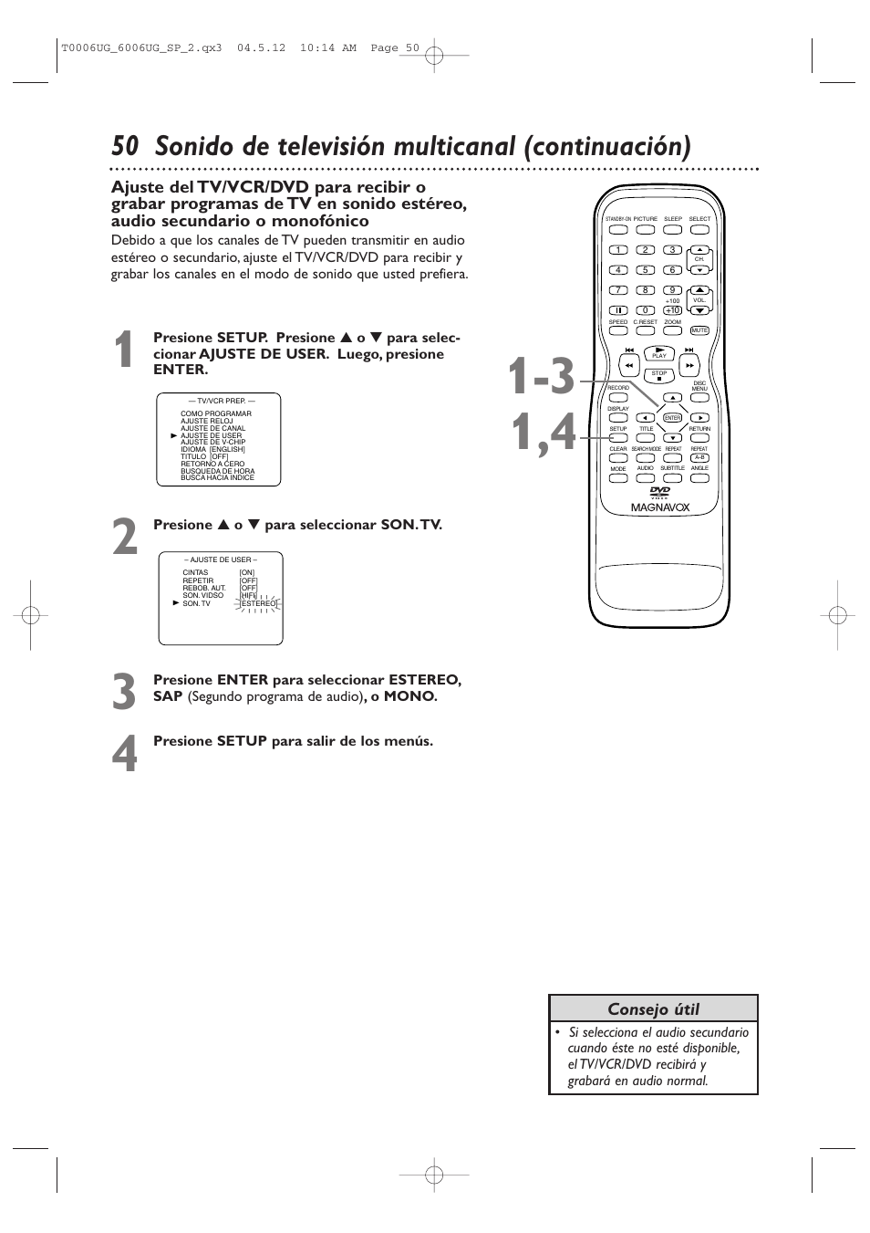 50 sonido de televisión multicanal (continuación) | Philips Magnavox 27MDTR20s User Manual | Page 130 / 159