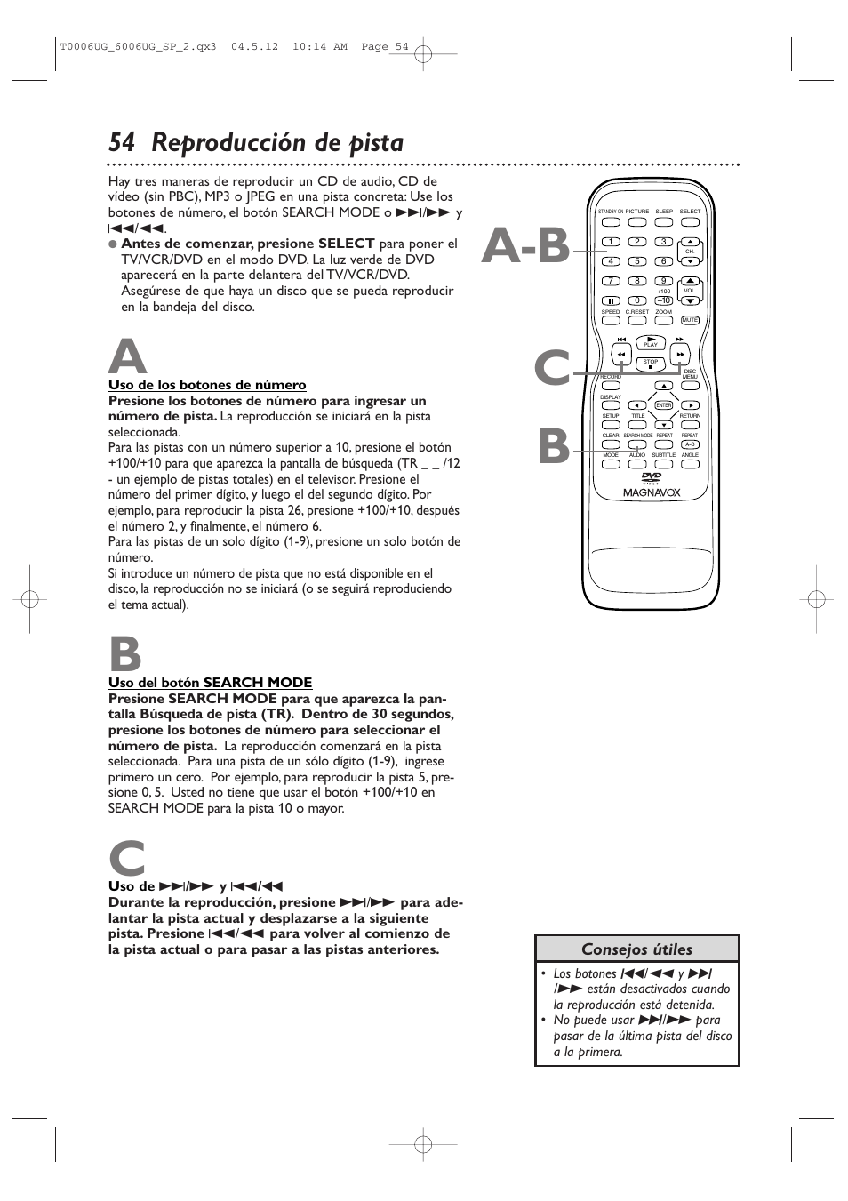 Ba-b c, 54 reproducción de pista, Consejos útiles | Philips Magnavox 27MDTR20s User Manual | Page 134 / 159