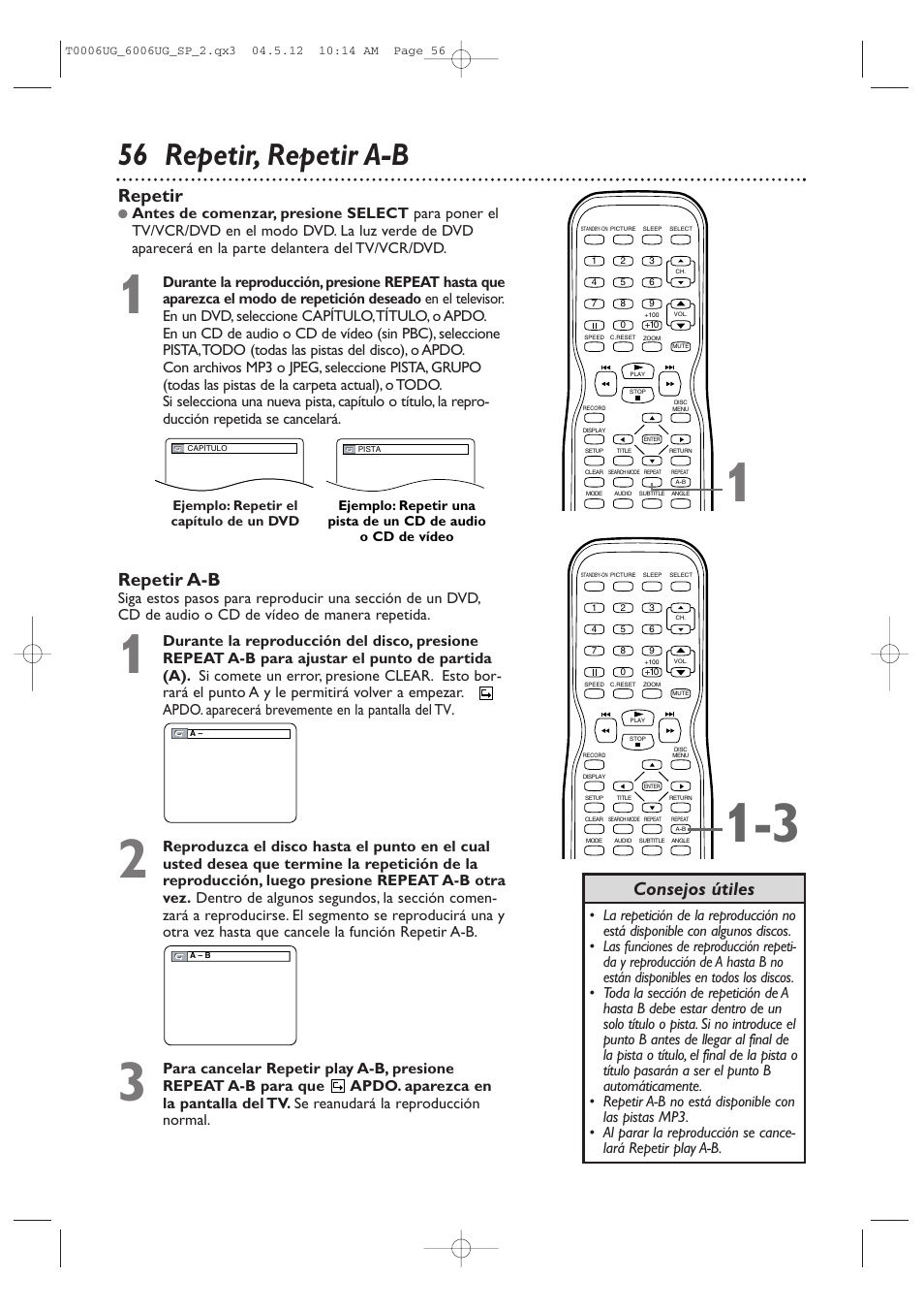 56 repetir, repetir a-b, Repetir, Repetir a-b | Consejos útiles | Philips Magnavox 27MDTR20s User Manual | Page 136 / 159