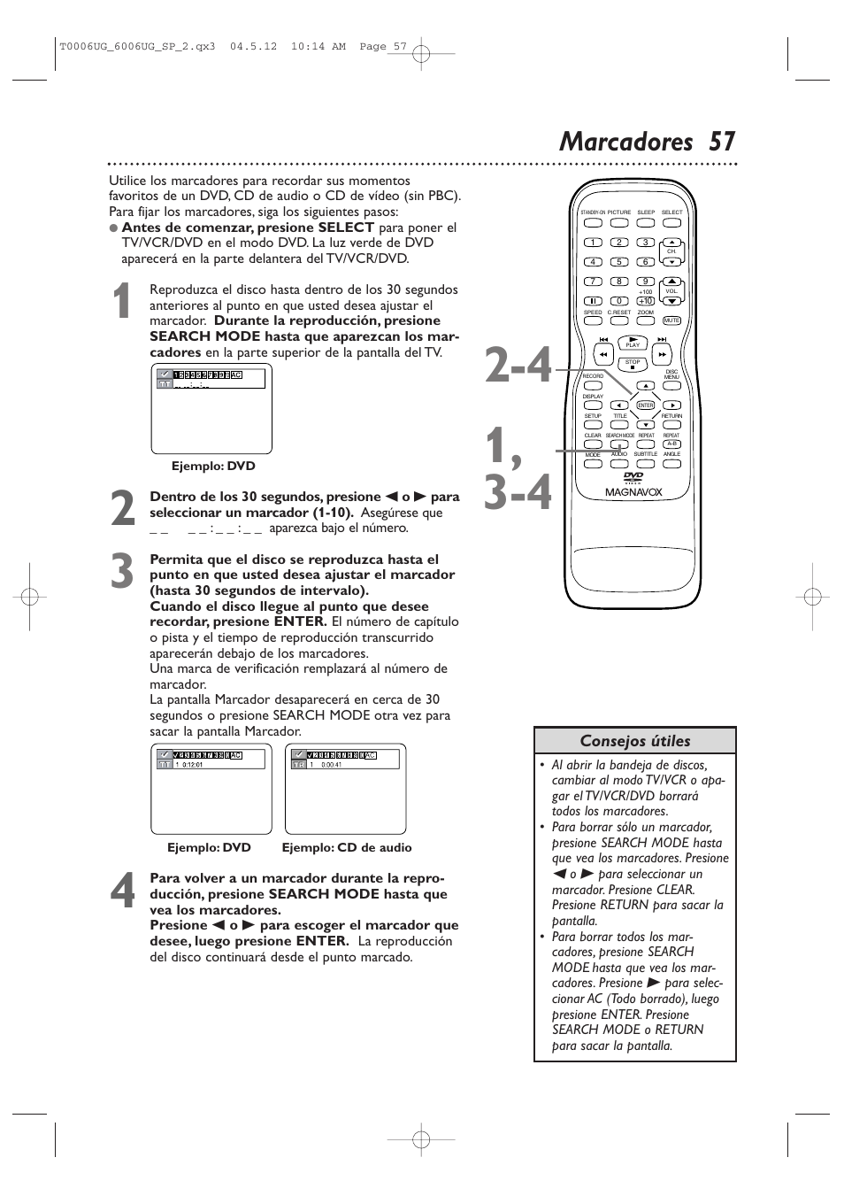 Marcadores 57, Consejos útiles | Philips Magnavox 27MDTR20s User Manual | Page 137 / 159