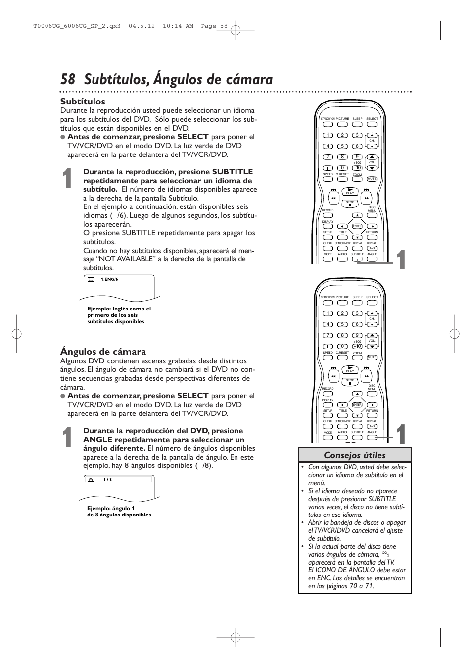 58 subtítulos, ángulos de cámara, Ángulos de cámara, Subtítulos | Consejos útiles | Philips Magnavox 27MDTR20s User Manual | Page 138 / 159