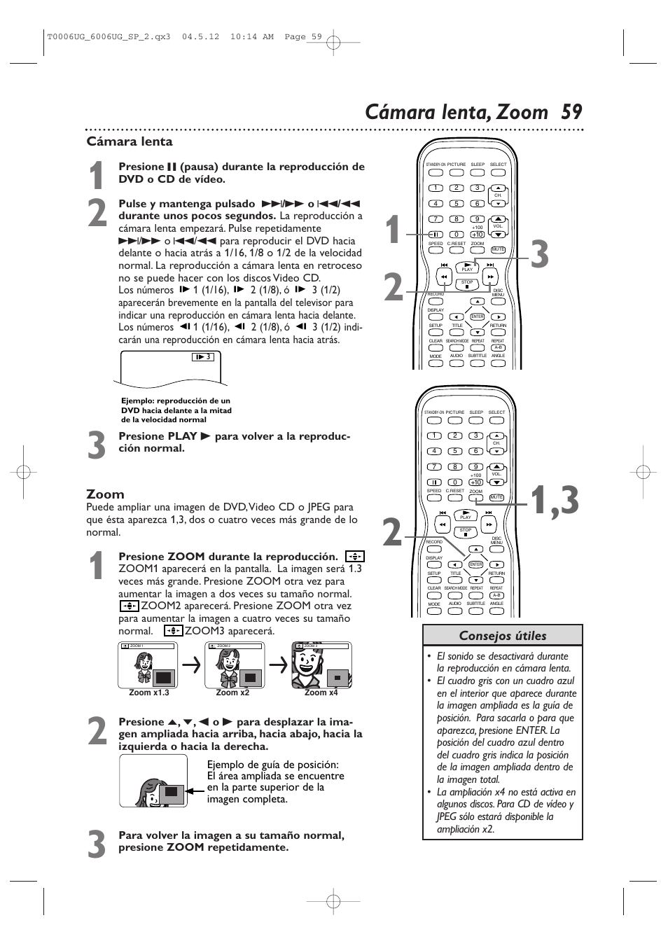 Cámara lenta, zoom 59, Cámara lenta, Zoom | Consejos útiles | Philips Magnavox 27MDTR20s User Manual | Page 139 / 159