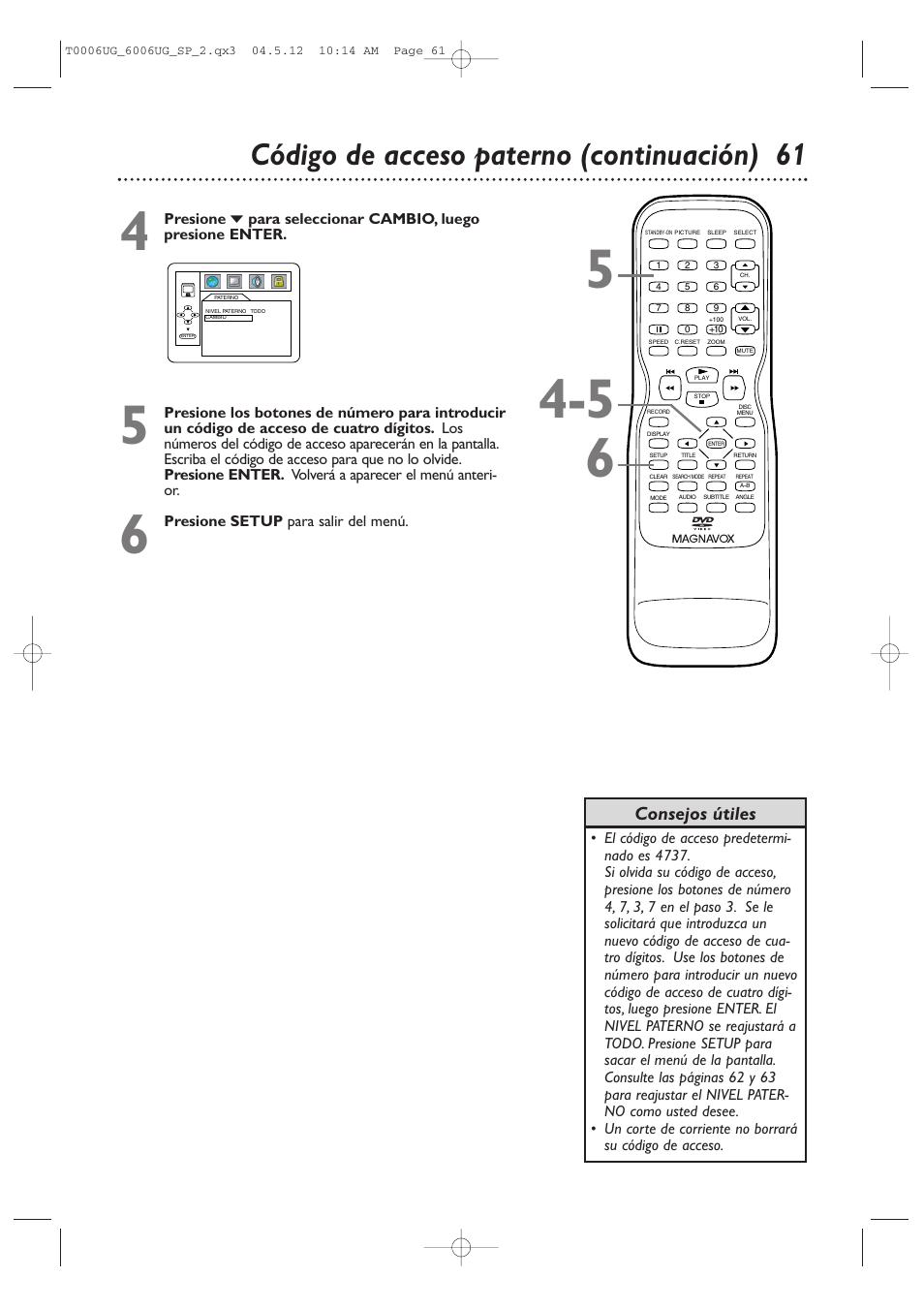 Código de acceso paterno (continuación) 6 1, Consejos útiles | Philips Magnavox 27MDTR20s User Manual | Page 141 / 159