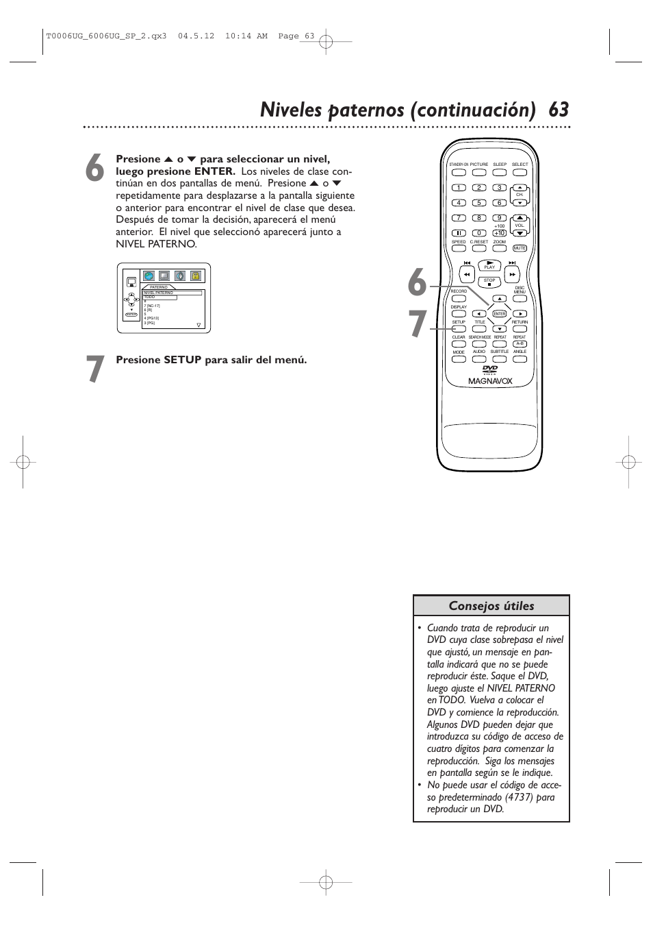 Niveles paternos (continuación) 63, Consejos útiles | Philips Magnavox 27MDTR20s User Manual | Page 143 / 159