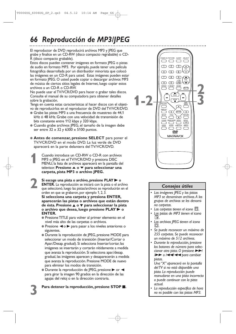 66 reproducción de mp3/jpeg, Consejos útiles | Philips Magnavox 27MDTR20s User Manual | Page 146 / 159