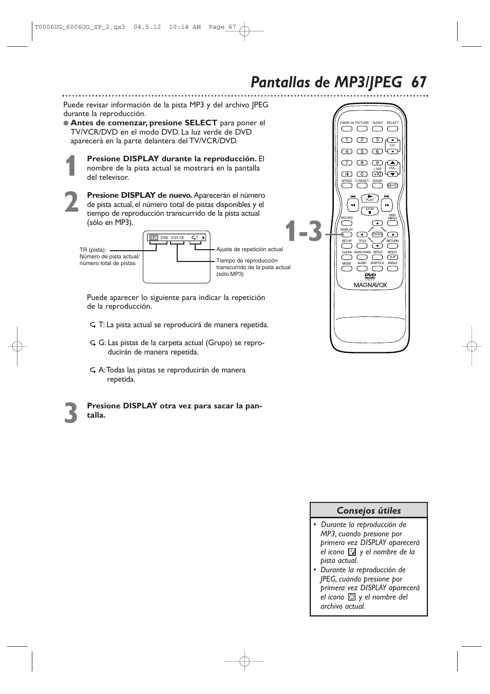 Pantallas de mp3/jpeg 67, Consejos útiles | Philips Magnavox 27MDTR20s User Manual | Page 147 / 159