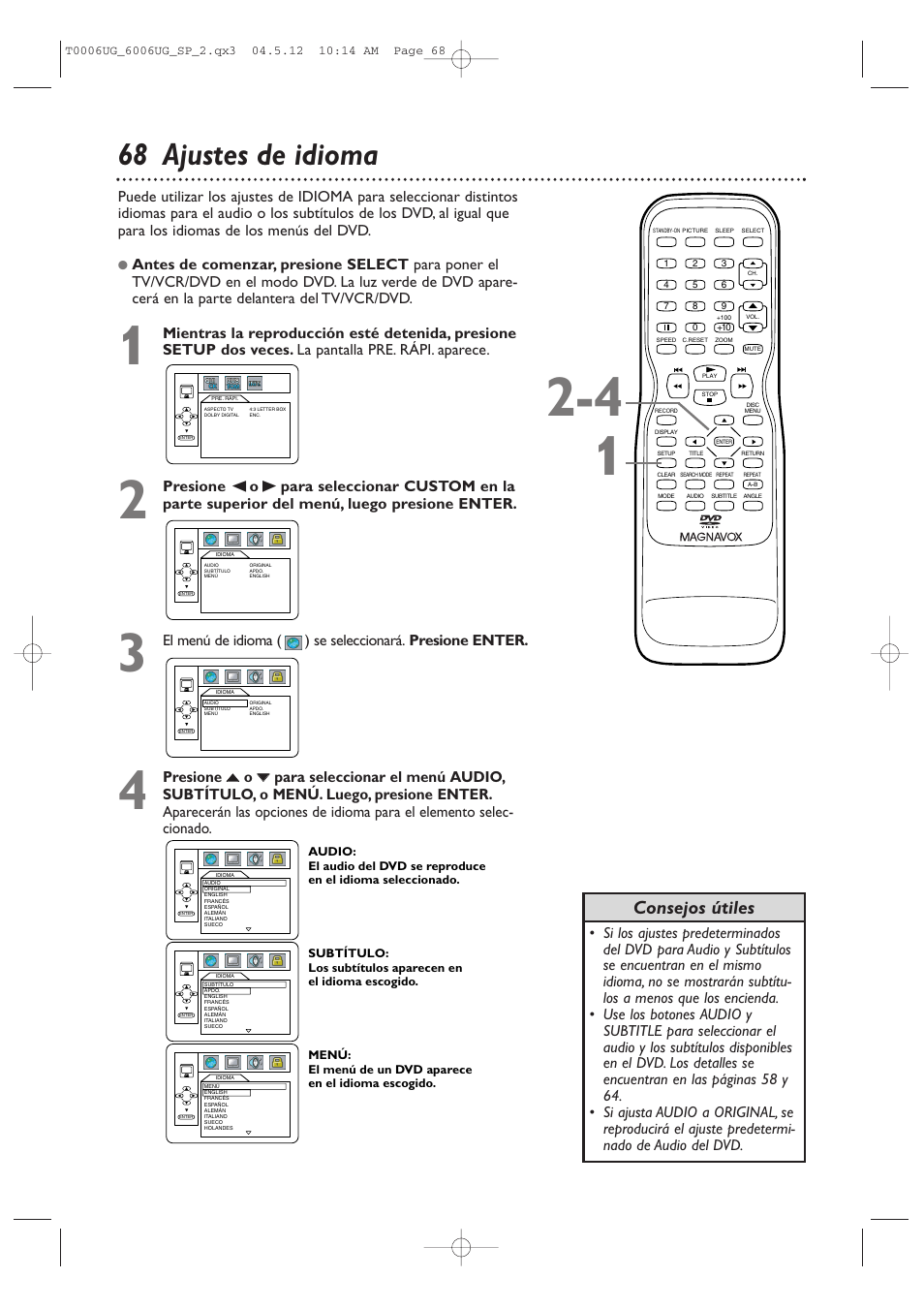 68 ajustes de idioma, Consejos útiles | Philips Magnavox 27MDTR20s User Manual | Page 148 / 159