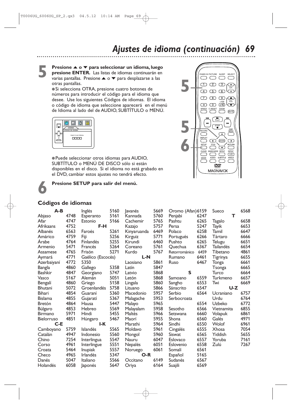 Ajustes de idioma (continuación) 69, Códigos de idiomas | Philips Magnavox 27MDTR20s User Manual | Page 149 / 159