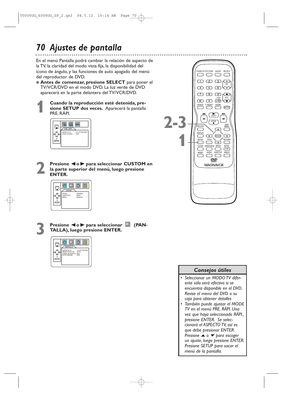 70 ajustes de pantalla, Consejos útiles | Philips Magnavox 27MDTR20s User Manual | Page 150 / 159