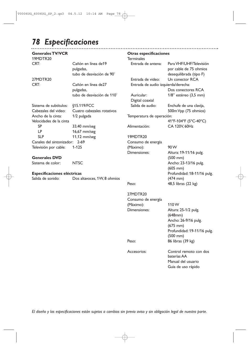 78 especificaciones | Philips Magnavox 27MDTR20s User Manual | Page 158 / 159