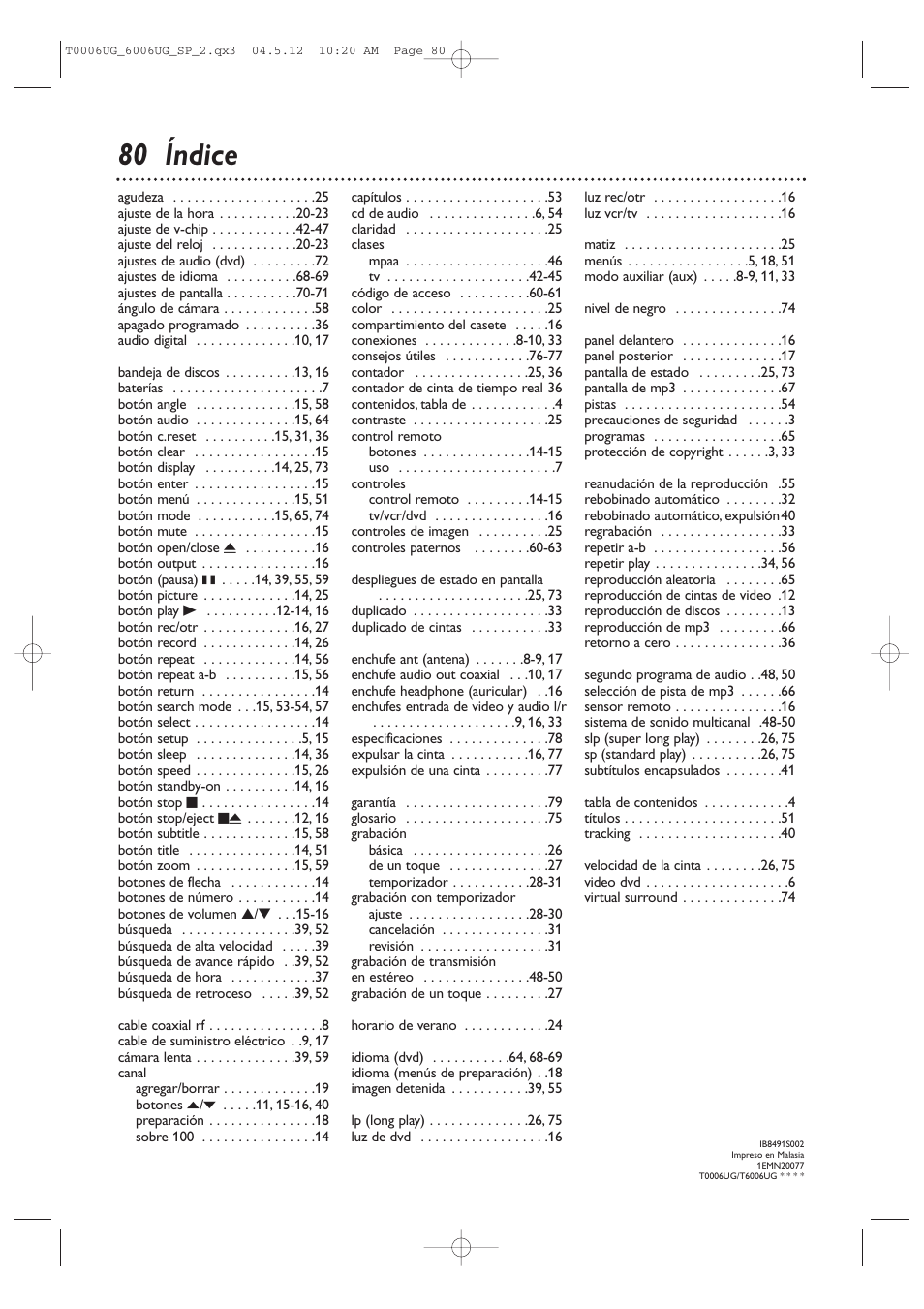 80 índice | Philips Magnavox 27MDTR20s User Manual | Page 159 / 159