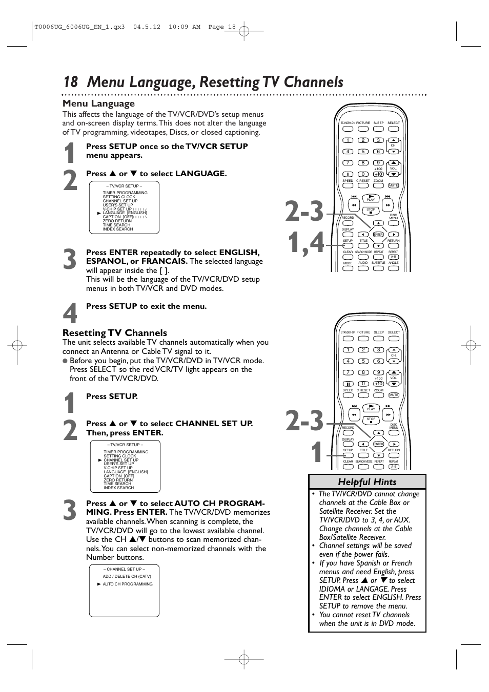 18 menu language, resetting tv channels, Menu language, Resetting tv channels | Helpful hints | Philips Magnavox 27MDTR20s User Manual | Page 18 / 159